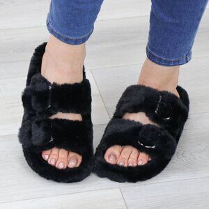Black Puff Fuzzy Fluffy Slip On Plush Slippers Double Strap